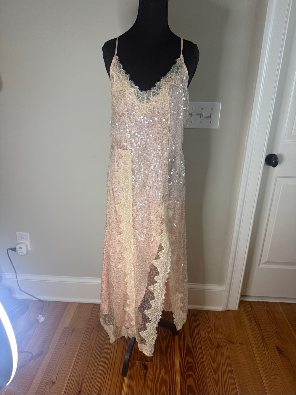 Anthropologie Sequin Lace Maxi Slip Dress in Pale Pink and Cream